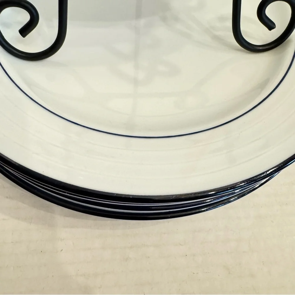Lot of 2 Crate & Barrel Spal Porcelain Roulette Blue Trim 10 5/8” Dinner Plate